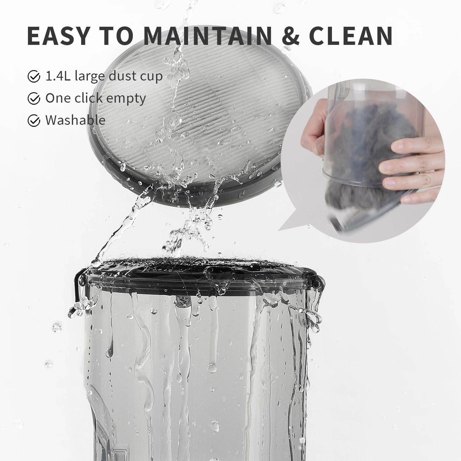 Cleaning system with a large dust cup, water being poured into it, and a hand holding a filter.